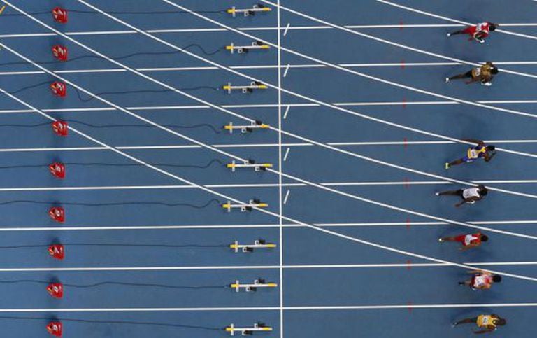 Prova de 100 metros rasos no Mundial de Moscou, em 2013