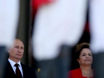 A presidenta Dilma Rousseff e o mandat&aacute;rio russo, Vladimir Putin, antes do encontro dos BRICS em Fortaleza.