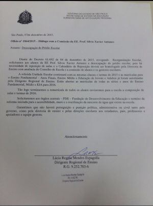Carta de compromissos assinada pela dirigente de ensino foi condição para que a escola Sílvio Xavier fosse desocupada nesta semana.