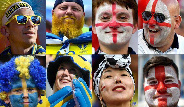 Torcedores suecos e ingleses torcendo por suas seleções na Rússia.