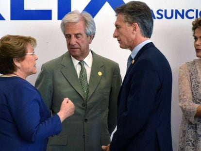 Presidentes Tabare Vazquez, Uruguai, Mauricio Macri, Argentina, Dilma Rousseff, Brasil, e Michelle Bachelet, Chile.