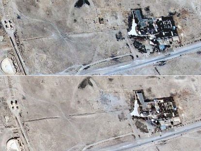 Acima, uma imagem de Palmira de 16 de junho. Abaixo, a mesma tomada, em 27 de agosto. (Imagens analisadas pelo UNITAR/UNOSAT