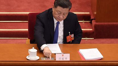 O presidente chinês, Xi Jinping, na votação sobre a lei de segurança nacional para Hong Kong, nesta quinta-feira, em Pequim.