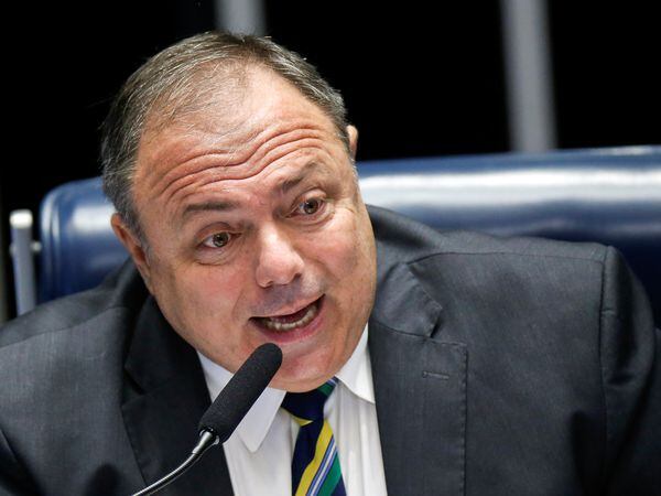 Brazil's Health Minister Eduardo Pazuello speaks during a session of the Federal Senate in Brasilia, Brazil February 11, 2021. REUTERS/Adriano Machado
