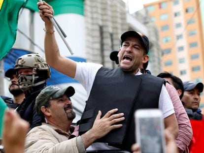 Luis Fernando Camacho durante um protesto contra Evo Morales este domingo.