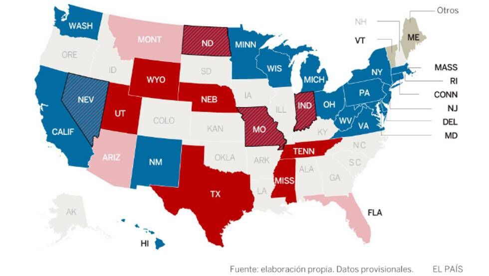 Mapa de votação para Senado. Em azul, o desempenho dos democratas (claro é onde eles lideram, escuro onde ganharam e em listrado os votos que eles reverteram). Em vermelho, o dos republicanos (legenda idem)