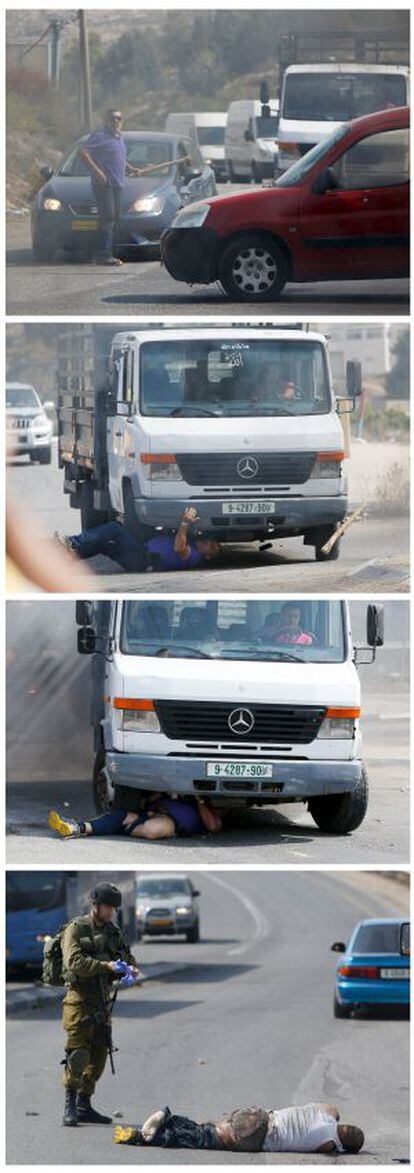Momento em que um colono judeu é atropelado por um motorista palestino na Cisjordânia.