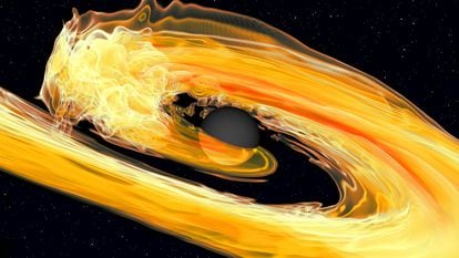 Representação da fusão entre um buraco negro, no centro, e uma estrela de nêutrons.