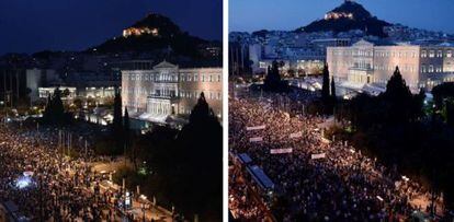 Protestos contra (à direta) e a favor da permanência da Grécia no euro, em Atenas, na segunda e na terça-feira, respectivamente.