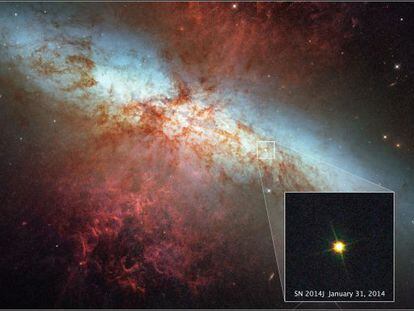 A supernova SN 2014J fotografada pelo telescópio ‘Hubble’ no último dia 31 de janeiro e ampliada sobre a imagem-mosaico da galáxia M82 captada pelo mesmo observatório espacial em 2006.