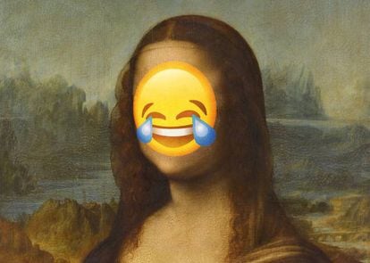 'Mona Lisa', também conhecida como 'La Gioconda’, um dos sorrisos mais populares da arte, com um emoji sobre seu rosto.