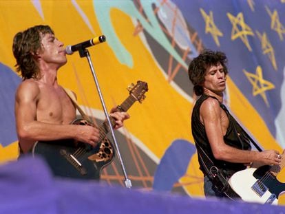 Mick Jagger e Keith Richards em San Francisco em outubro de 1981, durante a turnê do álbum 'Tattoo You'.