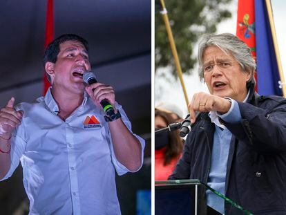 Os candidatos à presidência do Equador, Andres Arauz e Guillermo Lasso em eventos de campanha.