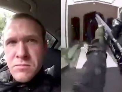 Captura de vídeo com o rosto de um dos terroristas de Christchurch e da arma que usou nesta sexta-feira no atentado contra duas mesquitas