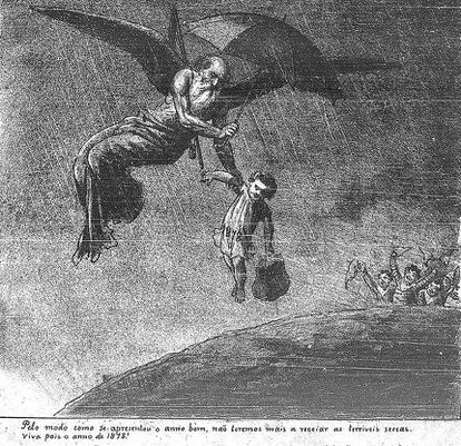 Charge da Revista Ilustrada mostra que as chuvas no Sul durante o Réveillon de 1878 levaram a crer que a Grande Seca no Norte estava perto do fim; estiagem, porém, ainda duraria dois anos