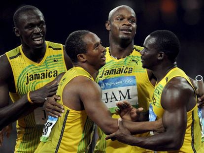 Os jamaicanos Usain Bolt, Michael Frater, Asafa Powell e Nesta Carter