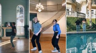 Alguns ambientes da mansão TikTok: as grandes janelas da sala, a espetacular escada e a enorme piscina.