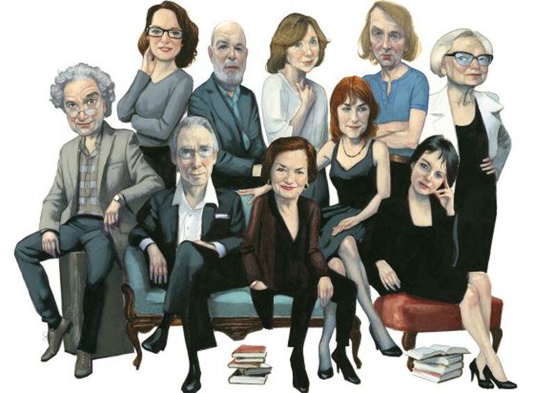 Da esquerda para a direita os escritores: Ricardo Piglia, Marta Sanz, Jaime Gil de Biedma, Svetlana Alexiévich, Michel Houellebecq e Inger Christensen; na frente, Ian McEwan, Élisabeth Roudinesco, Sara Mesa e Chantal Maillard.