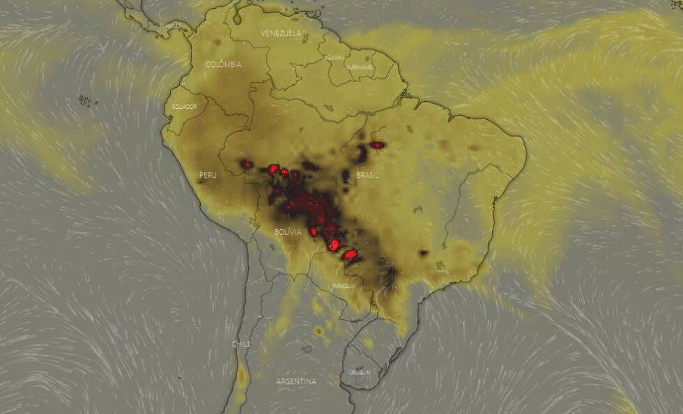 Em imagem de 19 de agosto, 18h, manchas vermelhas mostram alta concentração atmosférica de monóxido de carbono (CO) nos Estados do Acre, Rondônia, Mato Grosso e Mato Grosso do Sul, passando por Bolívia e Paraguai. Indicam queimadas em andamento