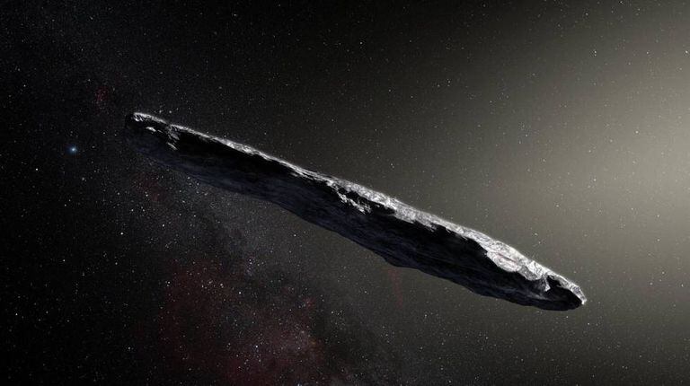 Recriação do asteroide Oumuamua, com meio quilômetro de comprimento.