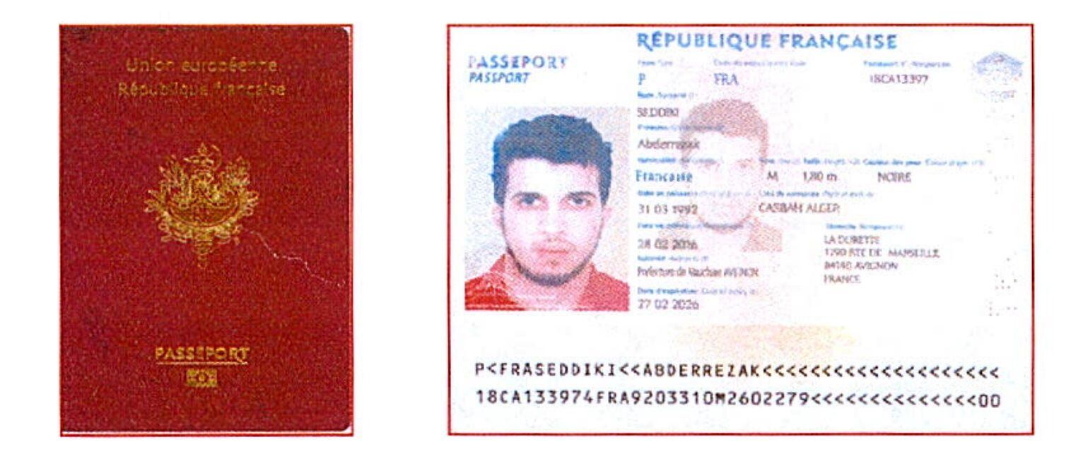 Imagem do falso passaporte francês apreendido com Seddiki.