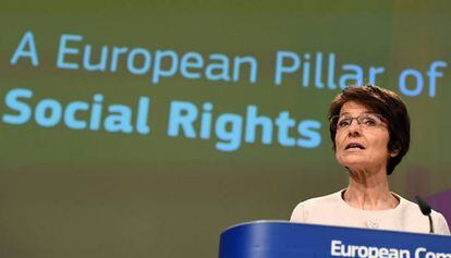 Marianne Thyssen, comissária europeia de Emprego, apresenta as novas medidas sociais.