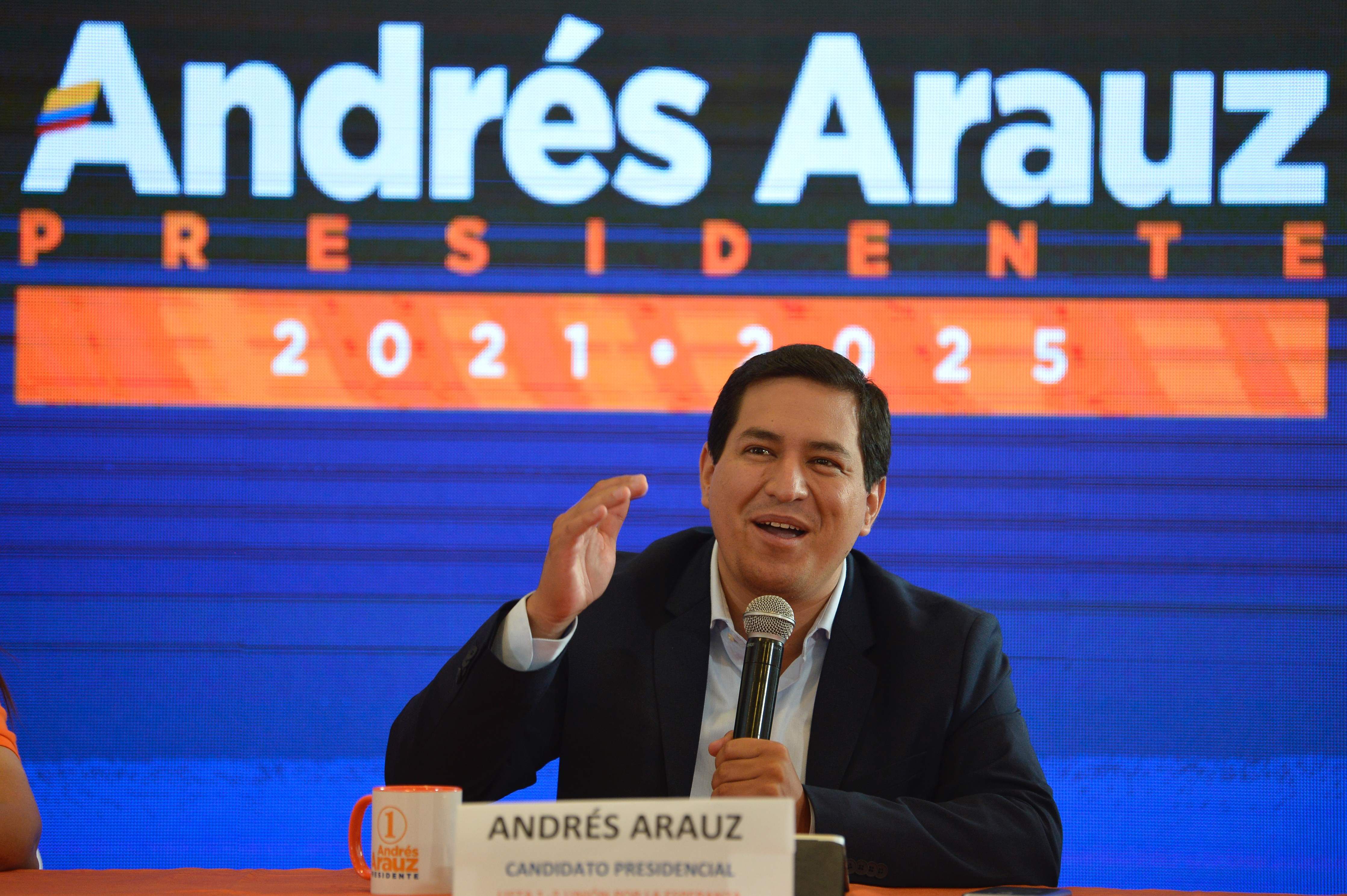 Andrés Arauz, candidato à presidência do Equador, durante entrevista em 7 de fevereiro. 