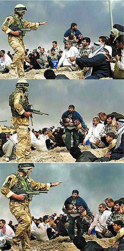 Montagem realizada pelo fotógrafo Brian Walski, dos 'Los Angeles Times'. Combinou com Photoshop as duas primeiras imagens, originais, nas quais um soltado britânico fala com civis durante a guerra do Iraque, para criar a terceira. Foi demitido.