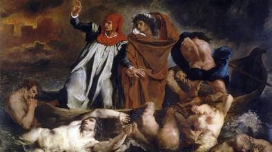 Virgilio guia Dante pelo inferno em 'A barca de Dante', de Eugene Delacroix (1822).