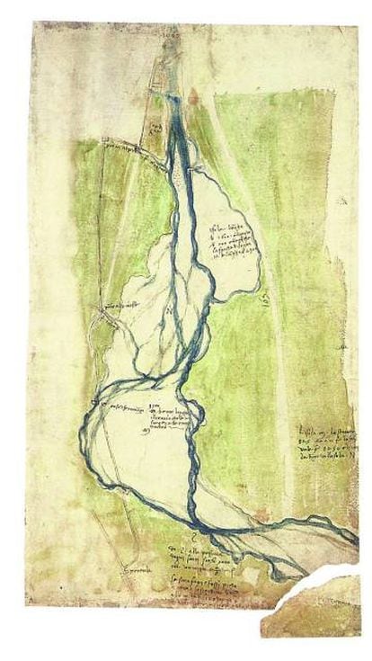 Mapa topográfico com os rios Arno e Mugnone, a Oeste de Florença (1504), aquarela de Leonardo da Vinci.