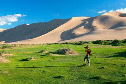 Relva e dunas de areia no deserto de Gobi, na Mongólia.