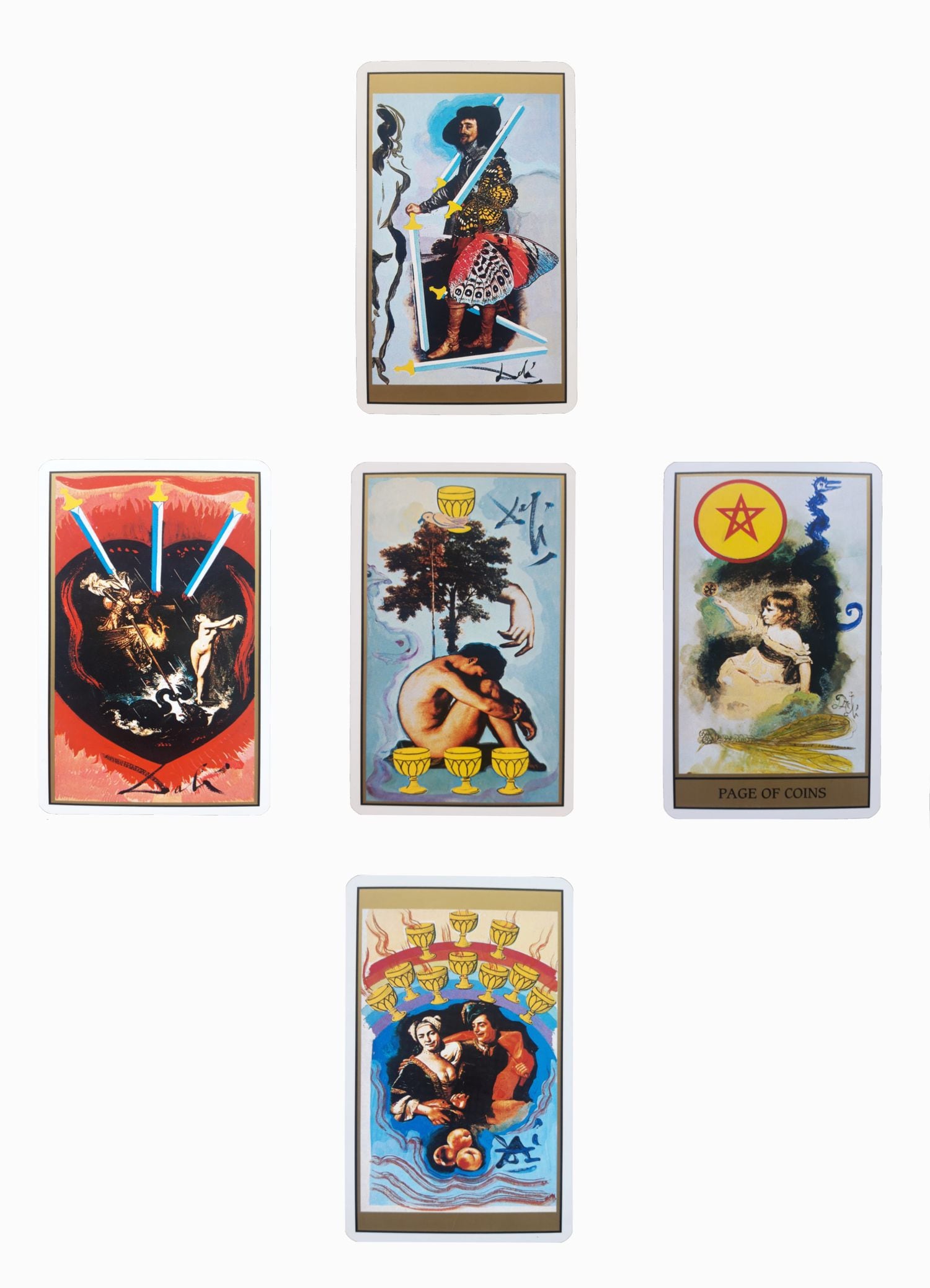 As cinco cartas do baralho de tarô de Dalí que saíram no nosso jogo.