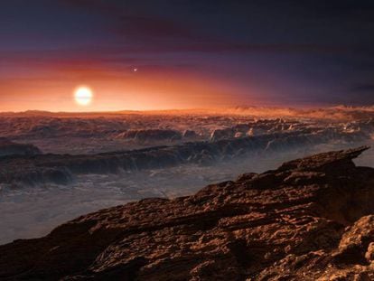 Recriação da superfície do planeta Próxima b e sua estrela Proxima Centauri. 