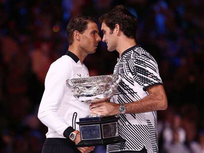 Nadal e Federer depois da final do Aberto da Austrália.