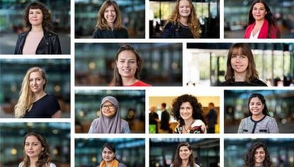 Imagens de mulheres da Universidade Técnica de Eindhoven publicadas pela instituição ao anunciar sua política de contratação.