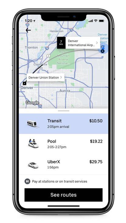 Tela do Uber onde aparece a opção de transporte público junto com seus serviços de carros.
