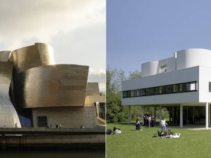 À esquerda, o Museu Guggenheim de Bilbao, de Frank Gehry. À direita, a Villa Savoye, desenhada por Le Corbusier nos arredores de Paris.