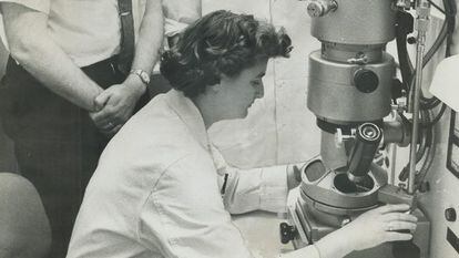 June Almeida trabalhando com um microscópio em 1956.