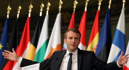 O presidente fracês, Emmanuel Macron, durante um discurso nesta terça-feira em Paris.
