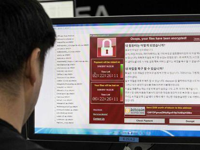 Imagem do ‘ransomware’ em um computador na Korea Internet and Security Agency (KISA) em Seul.