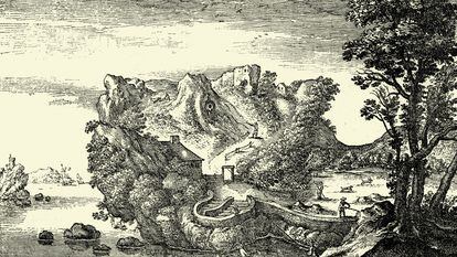 Esta ilustración del siglo XVII juega con la idea de una cabeza integrada en un paisaje.