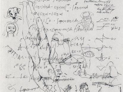 Equações e desenhos de Richard Feynman.