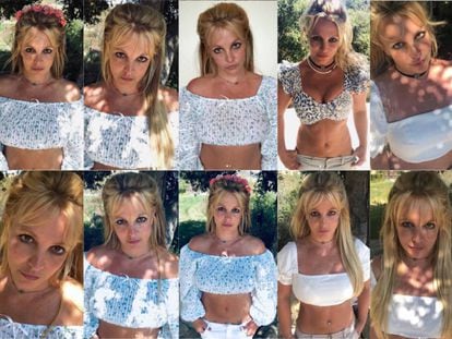 As diferentes imagens que Britney publicou em vários dias na sua conta do Instagram, frequentemente com a mesma roupa, a mesma pose e a mesma localização.