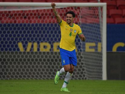 Marquinhos comemora gol marcado contra a Venezuela.