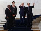 Da esquerda à direita: Cyril Ramaphosa, presidente da África do Sul; o premiê da Índia, Narendra Modi; o presidente da China; Xi Jinping; o presidente russo, Vladimir Putin; e o presidente brasileiro, Jair Bolsonaro, nesta quinta-feira, em Brasília, no encontro dos BRICS.