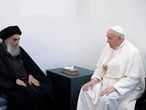 A photo released by the Grand Ayatollah Ali al-Sistani Office shows the meeting between Pope Francis, right, and Shiite Muslim leader Grand Ayatollah Ali al-Sistani in Najaf, Iraq, Saturday, March 6, 2021. Pope Francis arrived in Iraq on Friday to urge the country's dwindling number of Christians to stay put and help rebuild the country after years of war and persecution, brushing aside the coronavirus pandemic and security concerns to make his first-ever papal visit. (AP Photo)