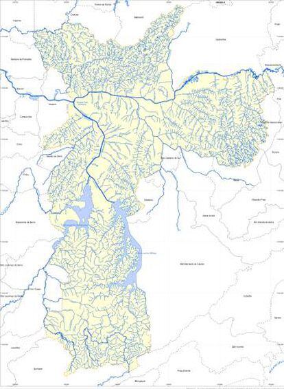 Mapa hidrográfico de São Paulo elaborado pela Fundação Centro Tecnológico de Hidráulica (FCTH) para a Prefeitura. Segundo ele, há 287 rios na cidade. Ativistas dizem que o número é subestimado.
