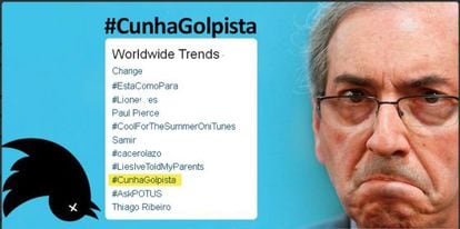 Montagem com a foto de Cunha e os Trend Topics do Twitter de quarta.