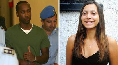 À esquerda, Rudy Guede, acusado da morte de Meredith Kercher, em julgamento realizado em Perúgia em 2008. É o único preso pelo homicídio. À direita, uma foto de Meredith Kercher, a garota assassinada.