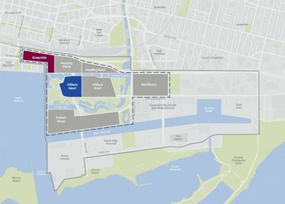 Plano da área portuária de Toronto. Delimitado com linha tracejada, o bairro completo onde a Sidewalk Labs intervirá, batizado de IDEA. A fase 2 prevê obras no resto do bairro, à exceção do espaço vizinho ao Quayside (em vermelho), embora possa ser incorporado em uma segunda intervenção. |